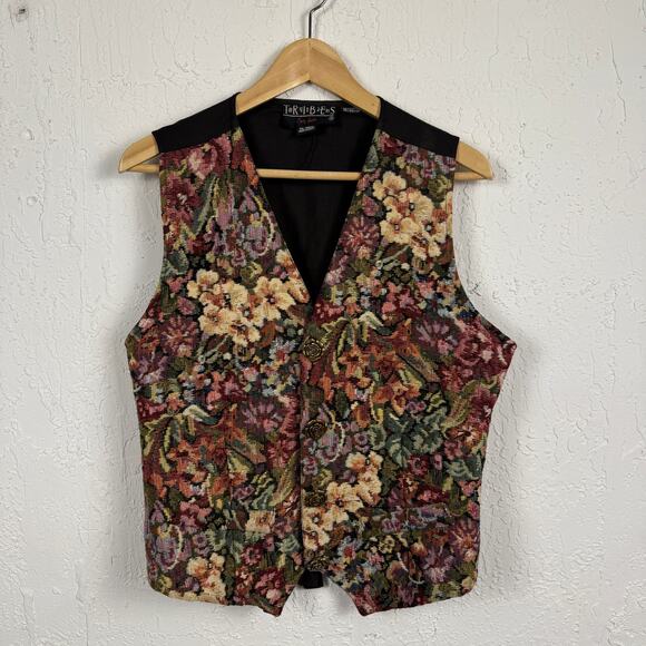 Vintage 90s Floral Tapestry Vest Womens Medium Fall Moto Boho Cottagecore Flower - Picture 1 of 5